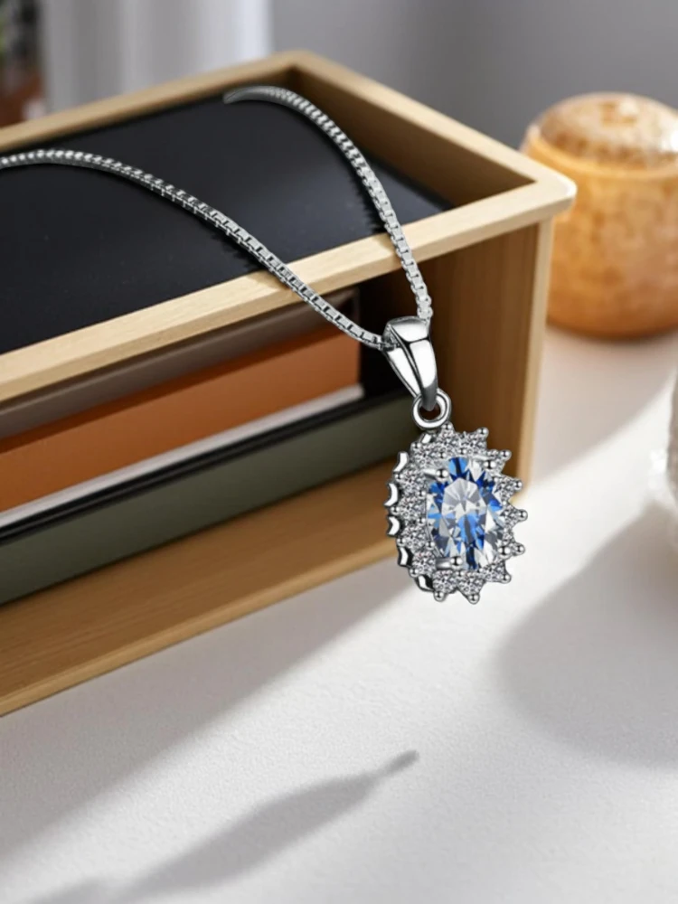925 silver necklace GRA Certified Moissanite Fashion Trendy Light luxury Oval Blue Pendant Necklace Valentine's Day gift