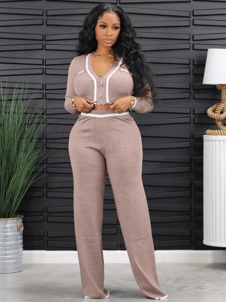 2 Two Piece Sets New Arrival Autumn Winter Knitted Matching Women Sets Long Sleeve Top And Pants Suits Outfits Clothing