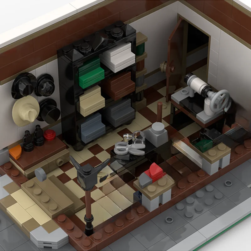 1407 ชิ้นช่างตัดเสื้อมุม MOC พร้อมจักรเย็บผ้าเศษผ้าและโต๊ะทํางานไม้การศึกษาอาคารบล็อกของขวัญ