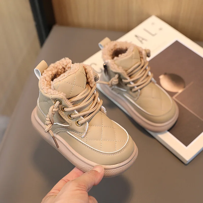 

2025 зимние теплые зимние детские ботинки для девочек, модная плюшевая теплая хлопковая обувь из искусственной кожи, мягкая обувь для детей, ботинки для мальчиков