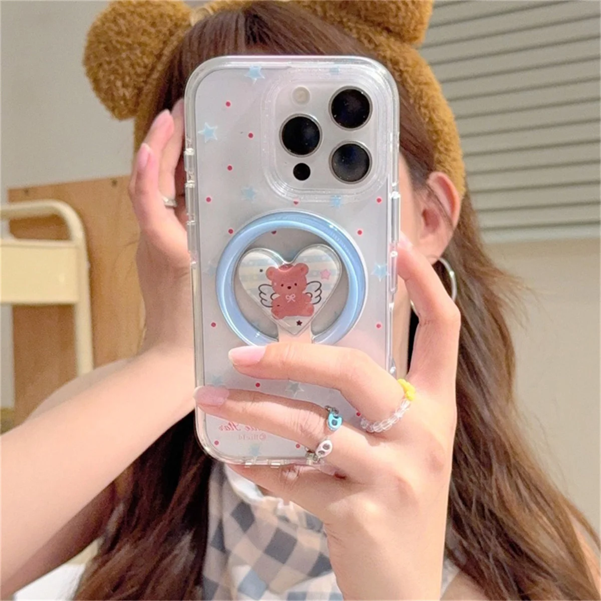 

Cute Star Dot Magnetic Phone Case For iPhone 16 Pro 15 13 14 Pro 12 Pro Max Back Cover with Cartoon Stand Cases for Magsafe