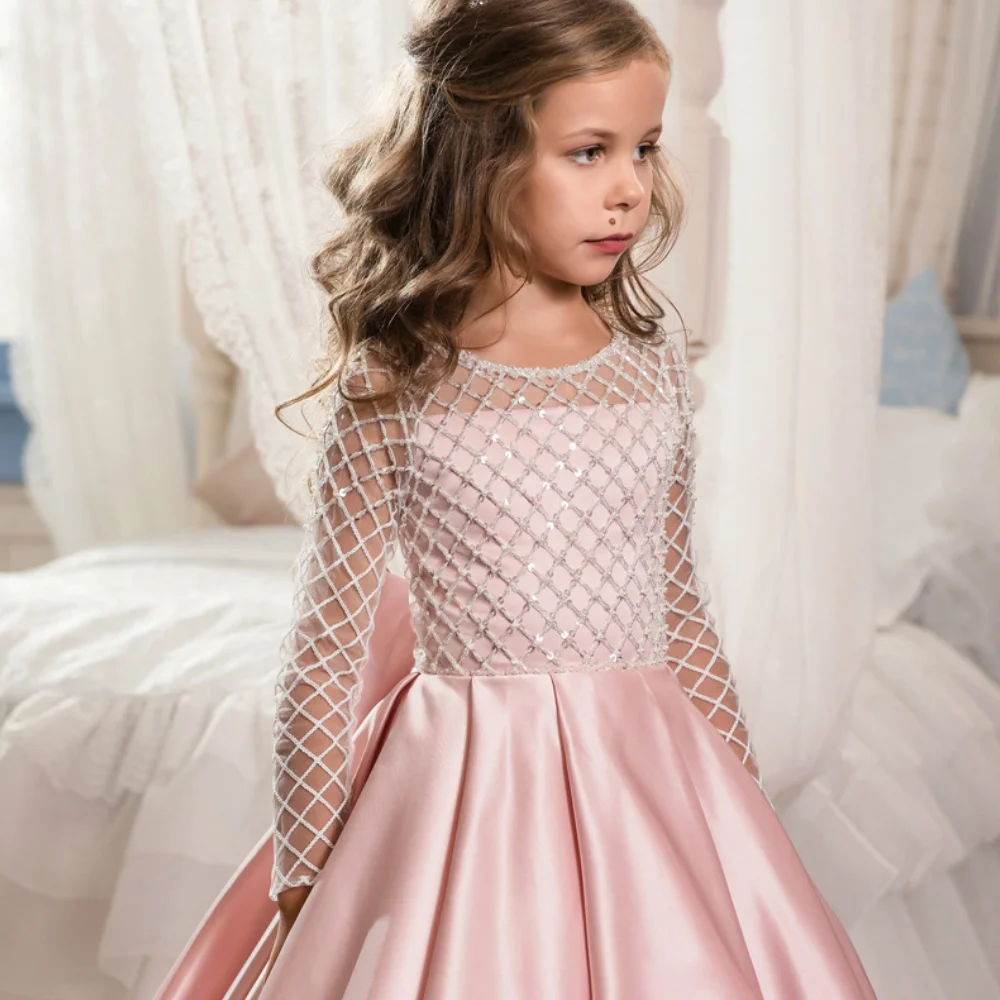 Flower Girl Dresses Pink Satin With Bow Sequin Long Sleeve For Wedding Birthday Party Prom Pageant Banquet Princess Gowns