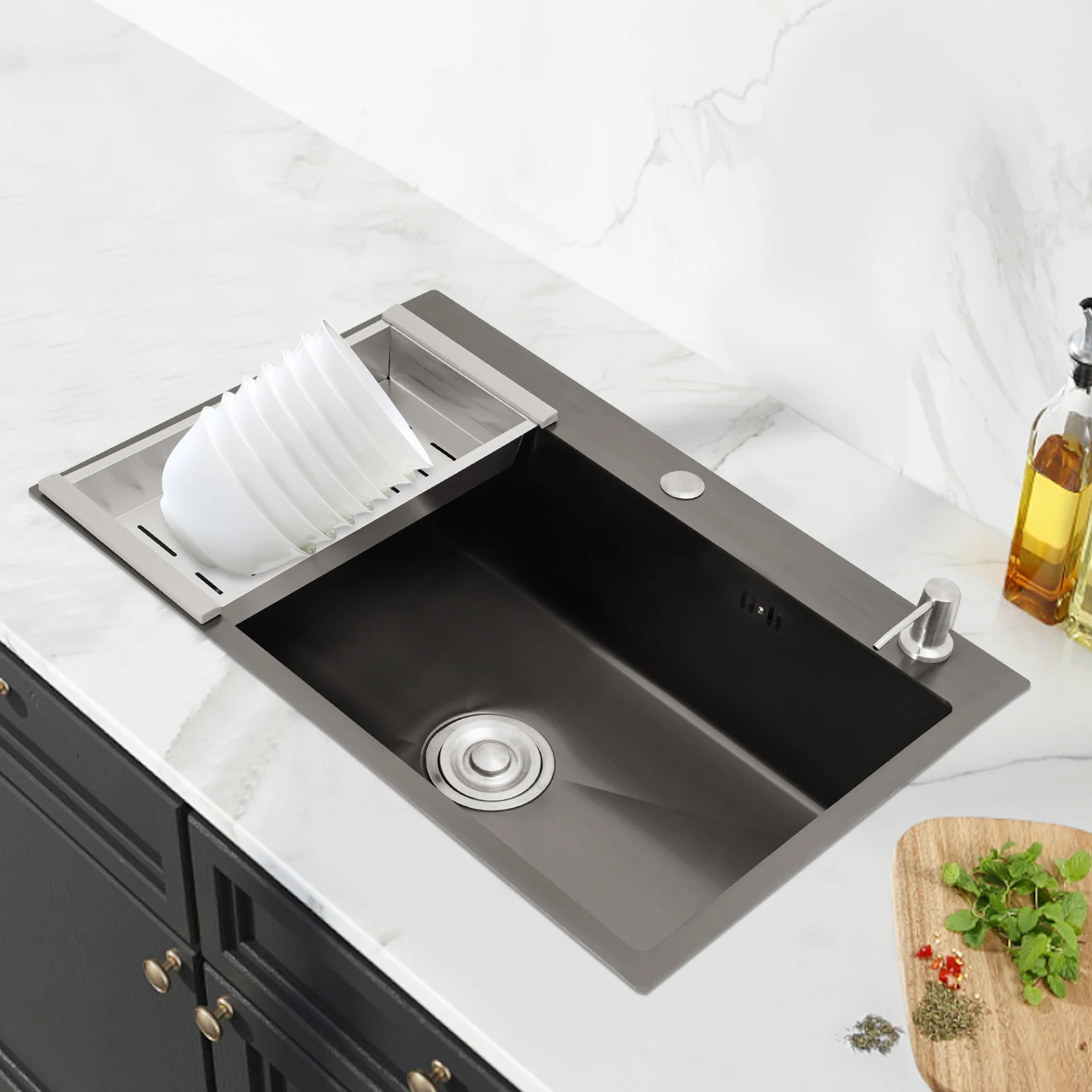 Utility Sink Wäschewanne, Edelstahl mit V-förmigem Abtropfgestell, Seifenspender, Abflusskorb, Anti-Überlauf-Löcher