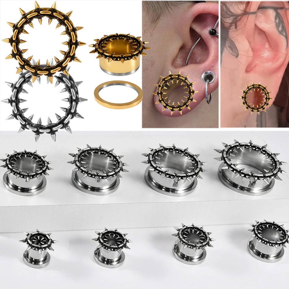1-2 uds Punk muchos conos afilados y túneles de oreja de bloqueo y tapones expansores de peso medidores de oreja ensanchadores pendiente de cono de punta de acero quirúrgico