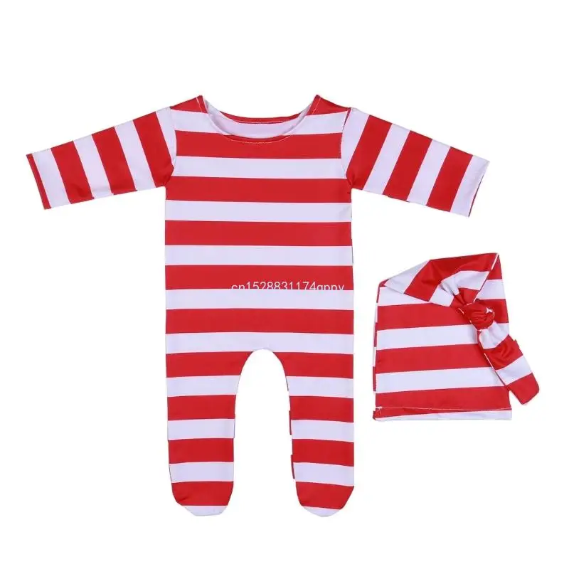 

Newborn Photography Outfit Red White Stripe Bodysuit Romper Hat Boy Christmas Elf Outfit Newborn Knot Hat Pajama Set Dropship