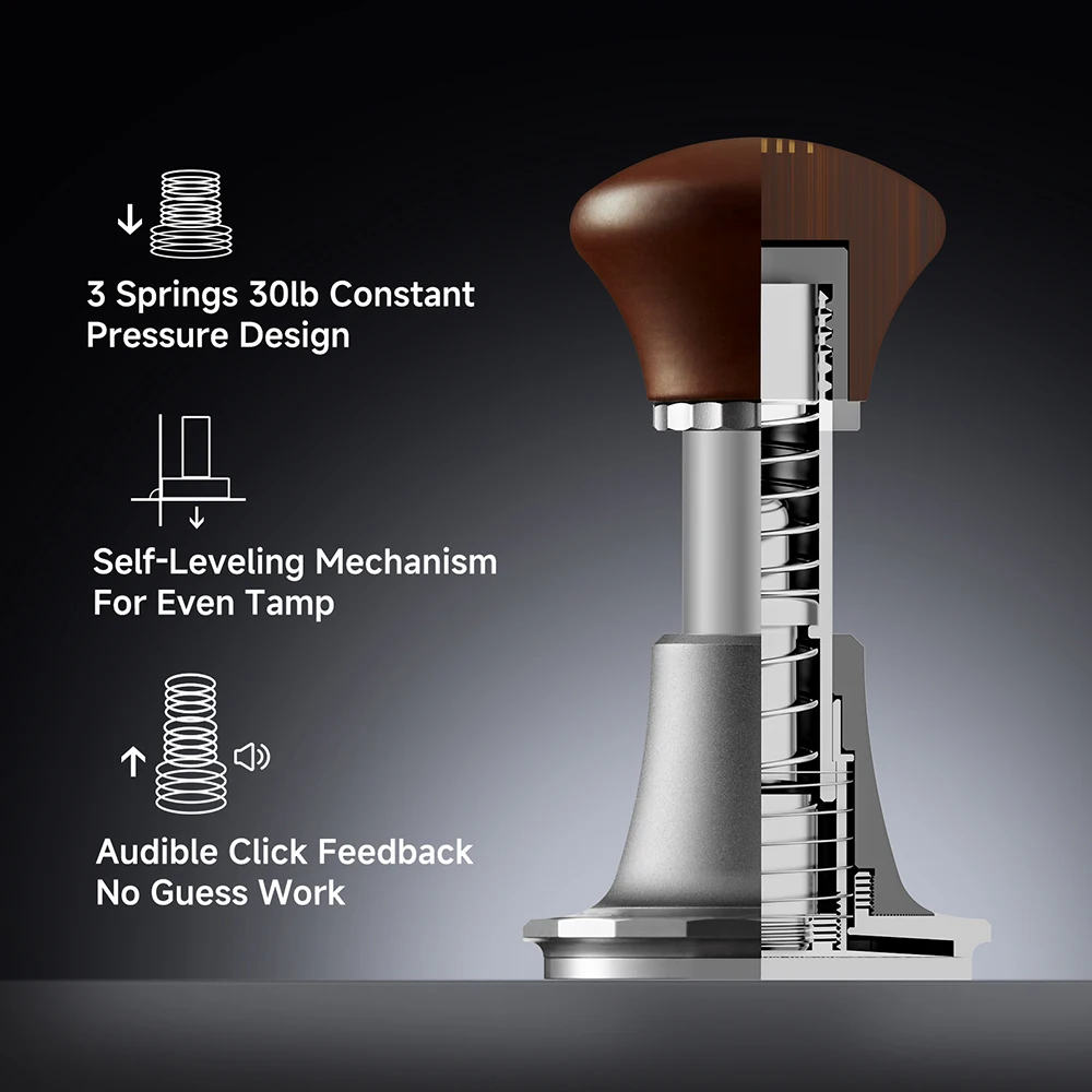 zeroHero Sword Coffee Tamper 30lb Constant Force Triple Spring Walnut Handle Adjustable 90 Degree Level Up Espresso Home Barista