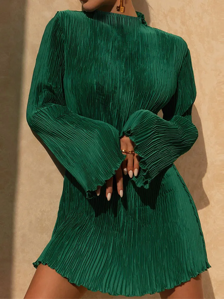 

Women Elegant Long Sleeve Streetwear Green Fall Mini Dress 2024 Autumn Clothes