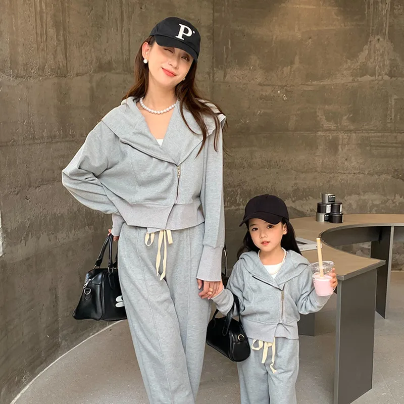 Mother And Daughter Baby Girls Set 2022 Autumn Mommy And Me Matching Zip Hood Jacket Pants Sport Suit Womens Clothing Outfits