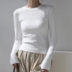 Cotton O Neck Long Sleeve Shirt Women Sexy Cropped Tops 2024 Autumn Black Casual Skinny Slim Basic Woman T Shirts White Clothing