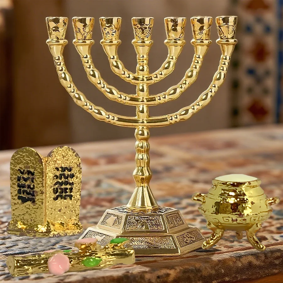 Conjunto de decoración religiosa judía: Menorah de 7 ramas, tabletas Torah, ternero dorado, réplica de varilla de Aaron para Hanukkah y Synagogue