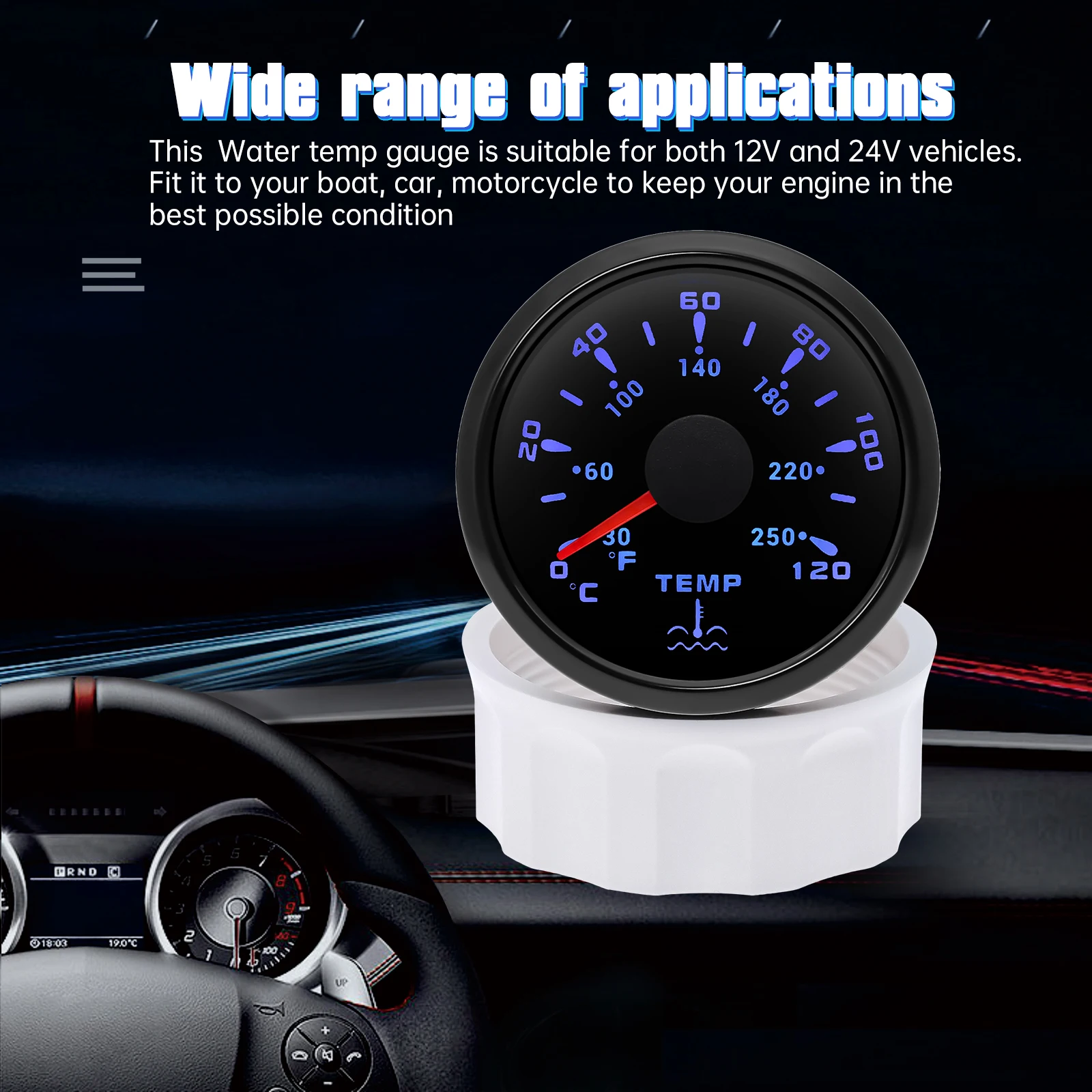 52mm Water Temperature Gauge 0-120 ℃ Water Temp Meter For Marine Boat Car 7 Color Backlight Water Temp Indicator Customized