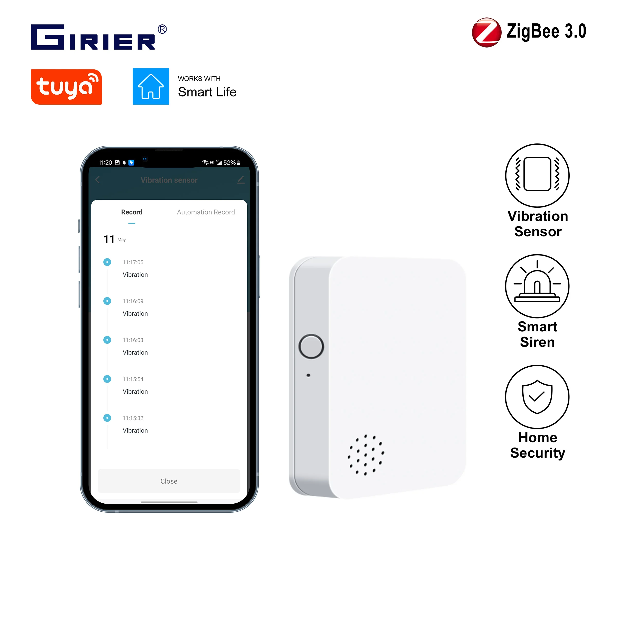 

GIRIER Tuya ZigBee Vibration Sensor Smart Glass Break Detector Drop Tilt Detection Built-in Smart Siren for Home Security System