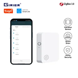 GIRIER Tuya ZigBee Vibration Sensor Smart Glass Break Detector Drop Tilt Detection Built-in Smart Siren for Home Security System