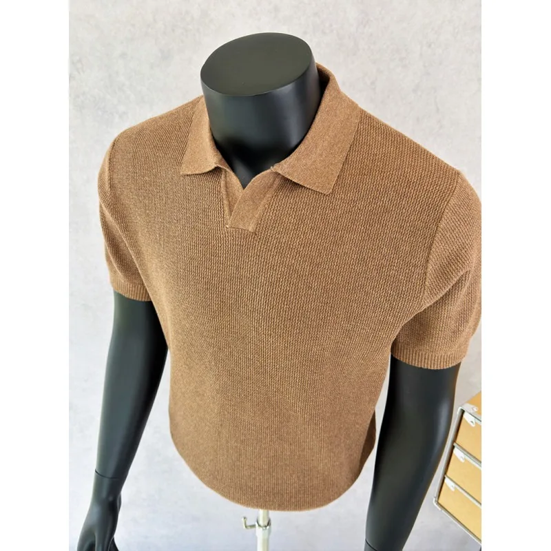 Minimally Seagull Collar Knitted Polo Shirt Men Solid Color Loose Short Sleeve Casual T-shirt Business Office Social Polo Shirts