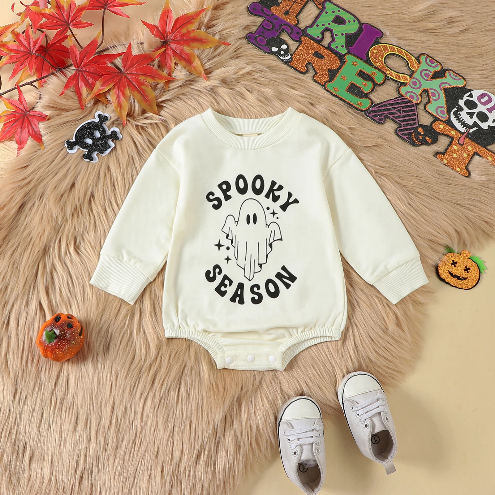 Halloween Baby Long Sleeve Jumpsuit Sweatshirt Round Neck Lette&Star&Ghost Print Romper Toddler Clothes