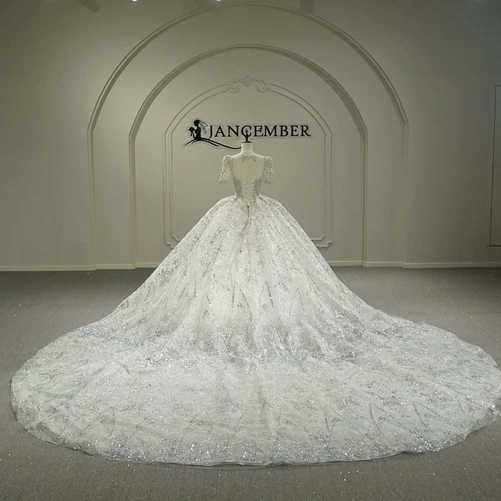 Customized Luxurious Sexy Big Skirt Wedding Dress With Square Collar Long Sleeved Sequins Bead Chapel Train Vestidos De Novia