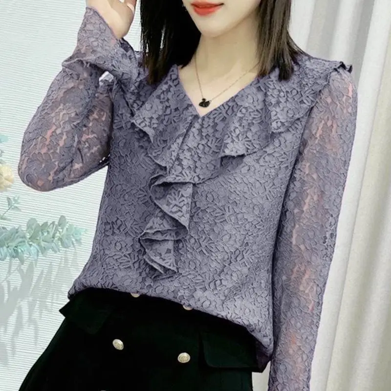 Sexy Floral Lace Hollow Out Blouse Female Clothing Stylish Ruffles Spliced Spring Autumn Casual Long Sleeve Elegant V-Neck Shirt