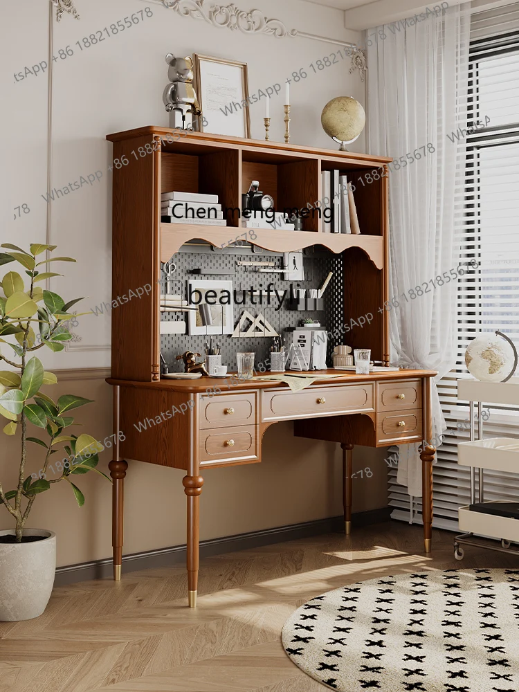 French Style Antique Desk Bookshelf Integrated Solid Wood Retro Dressing Table Desk
