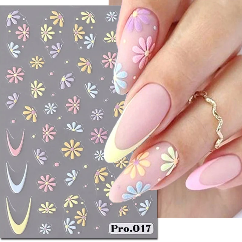 

5D Embossed Nail Art Decals Blue Yellow Pink Purple Daisy Flowers French Tips Adhesive Sliders Nail Stickers Decoration Manicure