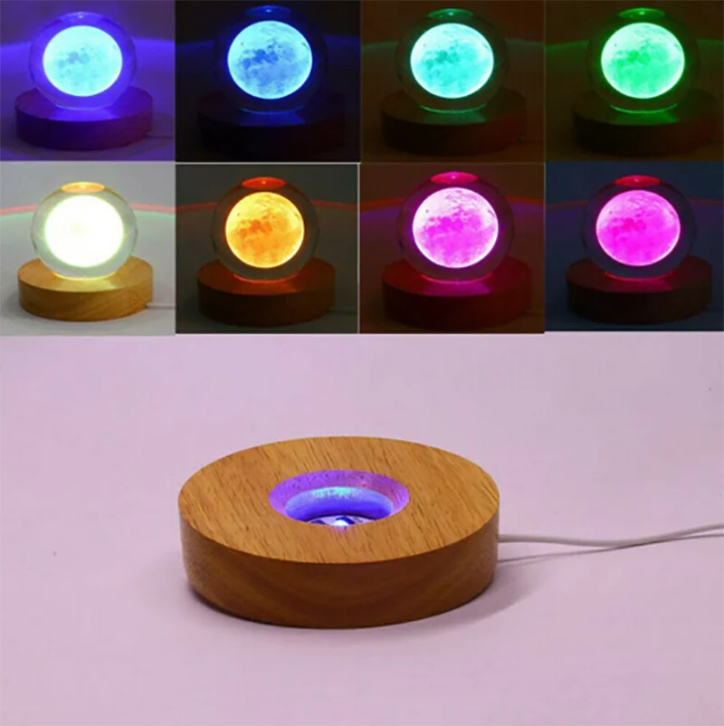 Round Crystal Luminous Light Wood Base Rechargeable LED Light Rotating Display Stand Aromatherapy Night Light Lamp Holder