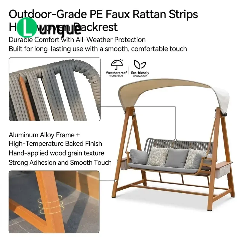 Modern Triple Outdoor Swing Chair Weatherproof Aluminum Garden Hanging Seat with Waterproof Cushion for Patio Balcony Yard