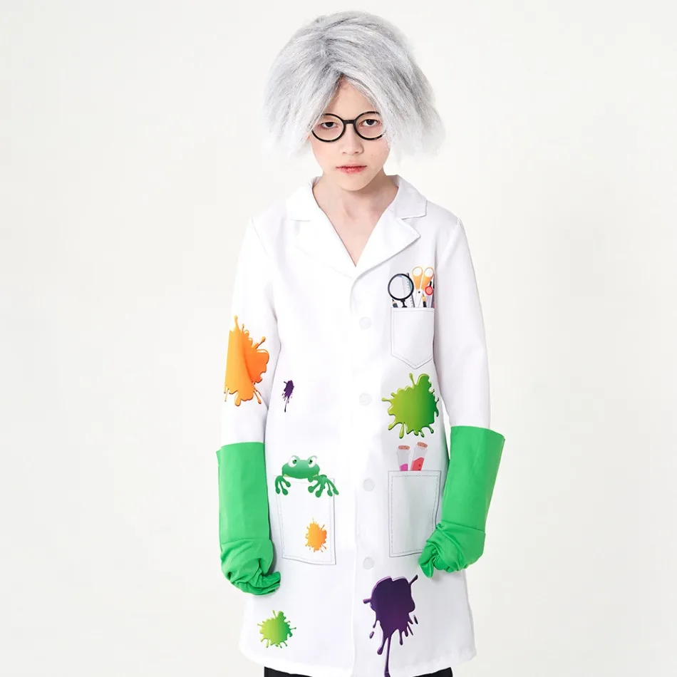 5pcs Kids Mad Scientist Role-Play Costume White Lab Coat With Accessories Children Halloween Carnival Party Cosplay Outfits PS66