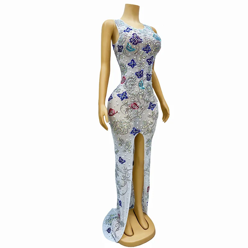 Costume Diamante bianco con spacco alto Farfalla Ricamo Atmosfera elegante Bar da sera Discoteca Danza Abito da ospite di nozze Donna