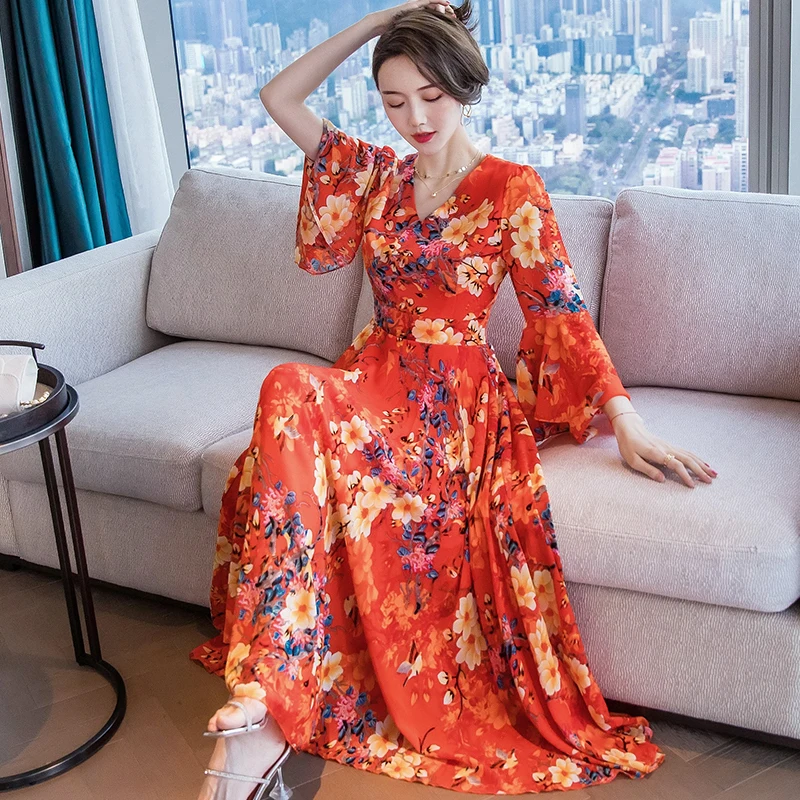 الأزهار طباعة ماكسي الدكتور المرأة الصيف جديد Sle واسعة تنحنح تنورة طويلة غطاء البطن V-Ne عالية الخصر جرس Sve ألف خط ثوب