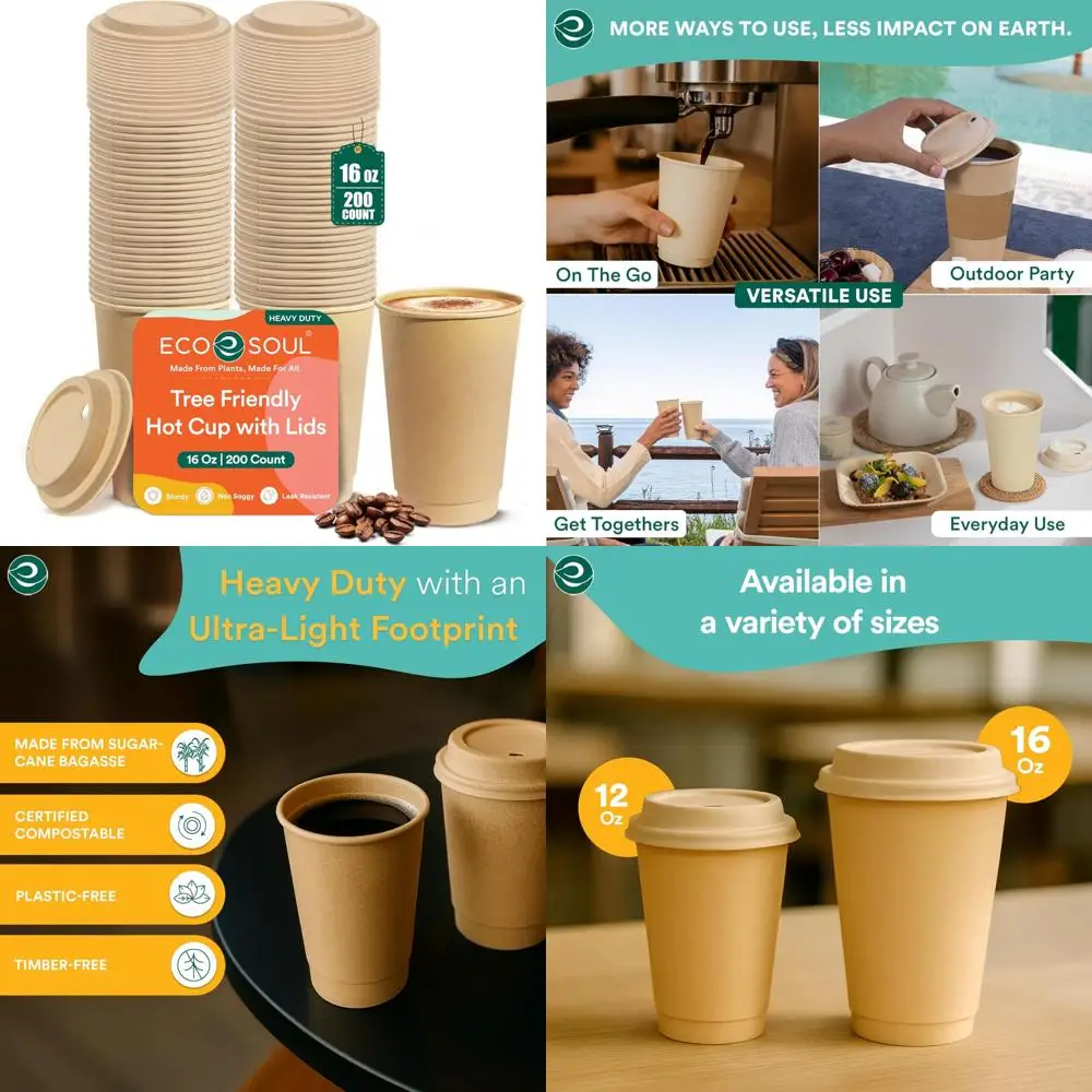 

100% Compostable Plant-Based 16oz Hot Cups - 200 Count, Disposable Bagasse Paper Cups with Lids | Eco-Friendly Hot Beverage Cont