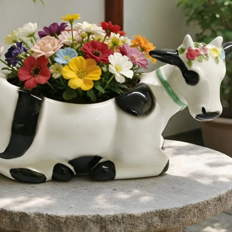 

Cow Modeling Creative Flower Pot Ornament Desktop Decoration Ceramic Material Hand-painted Cartoon Potted Plant Living Gift