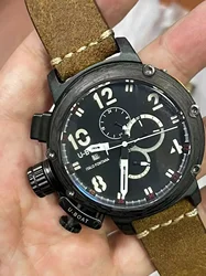 Luxury New Mens Automatic Mechanical U Watch Black Case Aged Cow Leather Brown Boat U51 Wristwatch Relogio Masculino