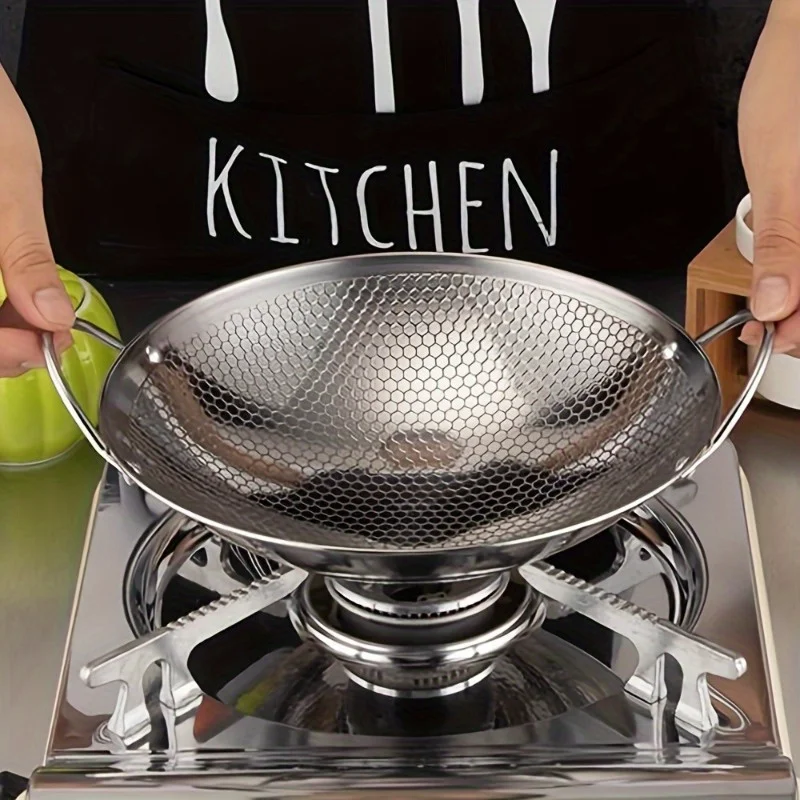 1pc stainless steel honeycomb skillet non-stick with handle scratch-resistant cooking pasta steak porridge ramen