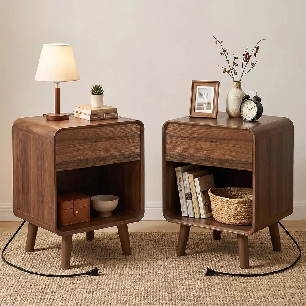 

Century ern Small Nightstands Set o 2 with Charging Station, Curved Nightstand with Der Wood End Table Bede Table or Bedroom, Wa