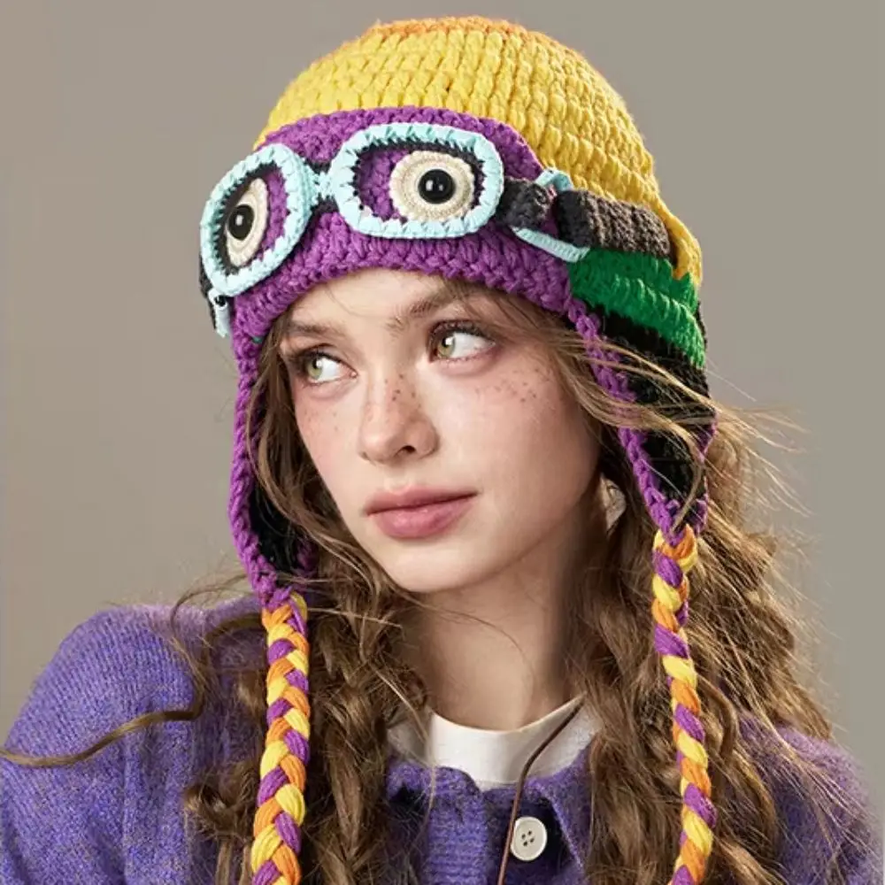 Simple Windproof Winter Pilot Hat With Goggles Crocheted Beanie Knitted Beanie Ear Protection Color-Blocked Earflap Cap Cycling
