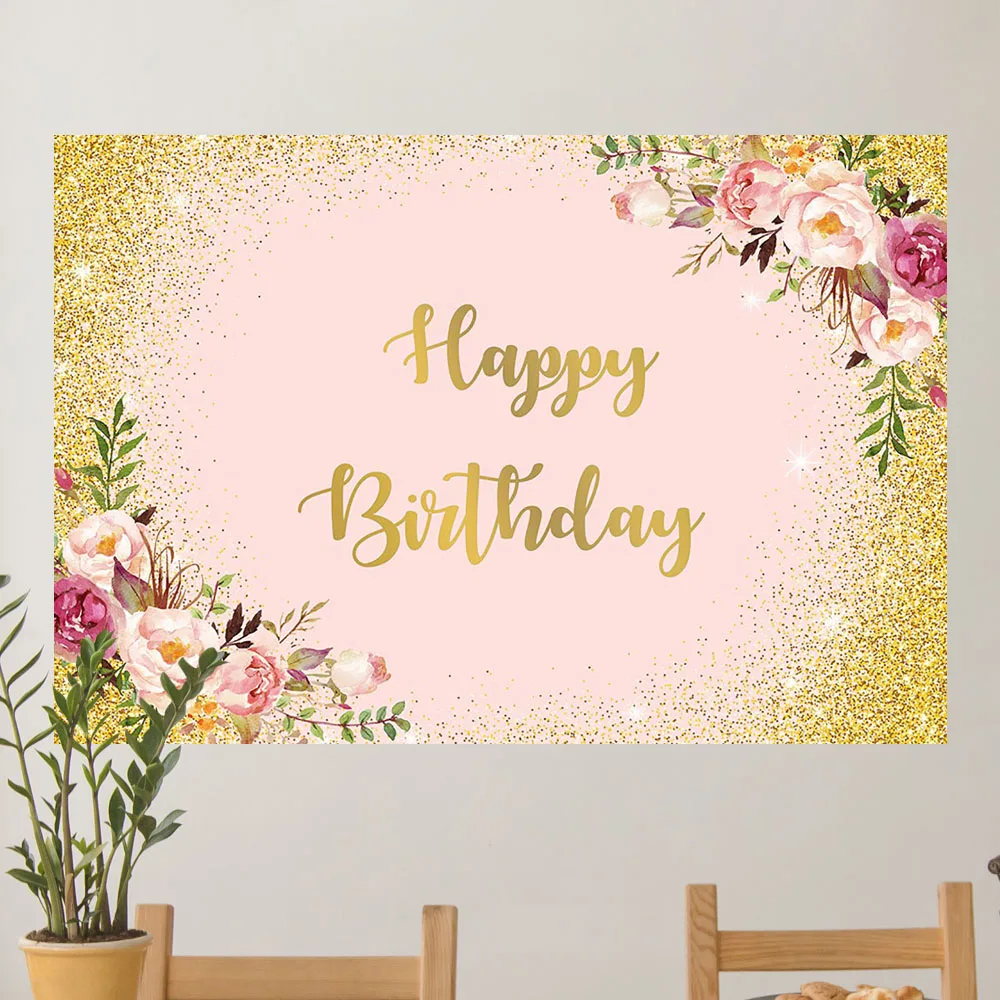 יום הולדת שמח פרחוני רקע ורוד וזהב נצנצים אישית רקע עבור צילום נשים בנות מתוק 16