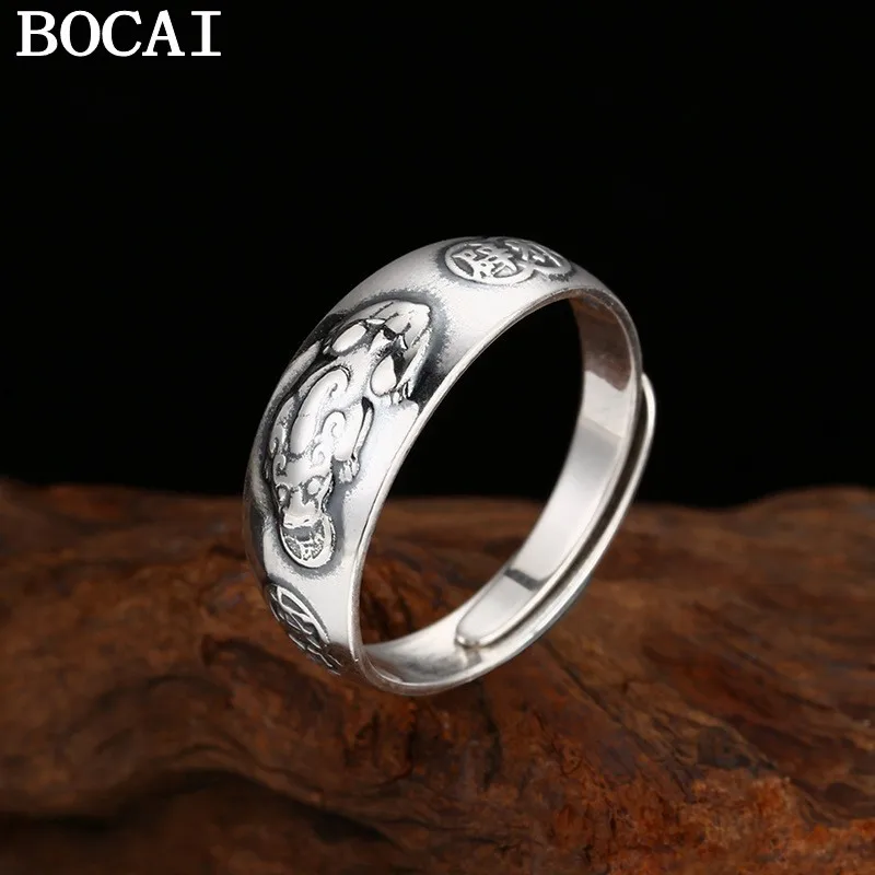 

BOCAI NEW S925 Pure Silver Minimalist Personality Six Character Mantra Pixiu Ring