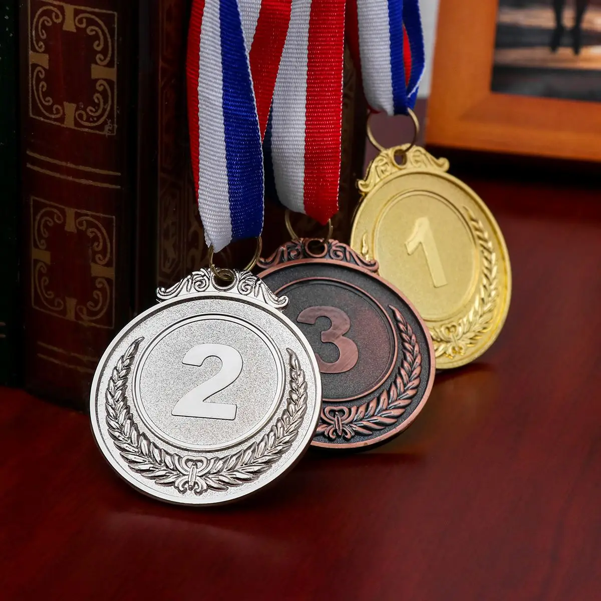 

3 Pcs Set Metal Award Medals with Neck Ribbon Gold Silver Bronze Style for Sports Academics or Any Competition Diameter 5.1cm