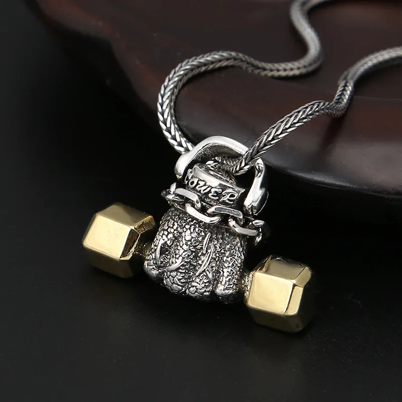 

Manufacturer wholesale s925 jewelry retro dyed black Thai silver necklace sports fist dumbbell pendant personality trendy men's