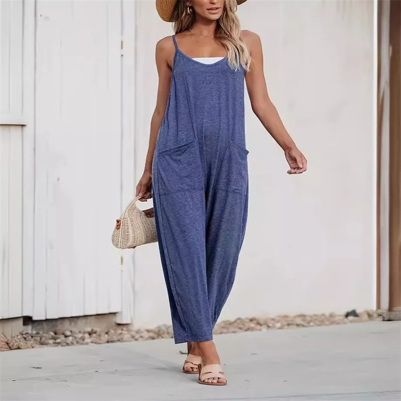 

Europe and the United States women's new summer 2024 casual pocket suspenders knitted one-piece trousers overalls trousers