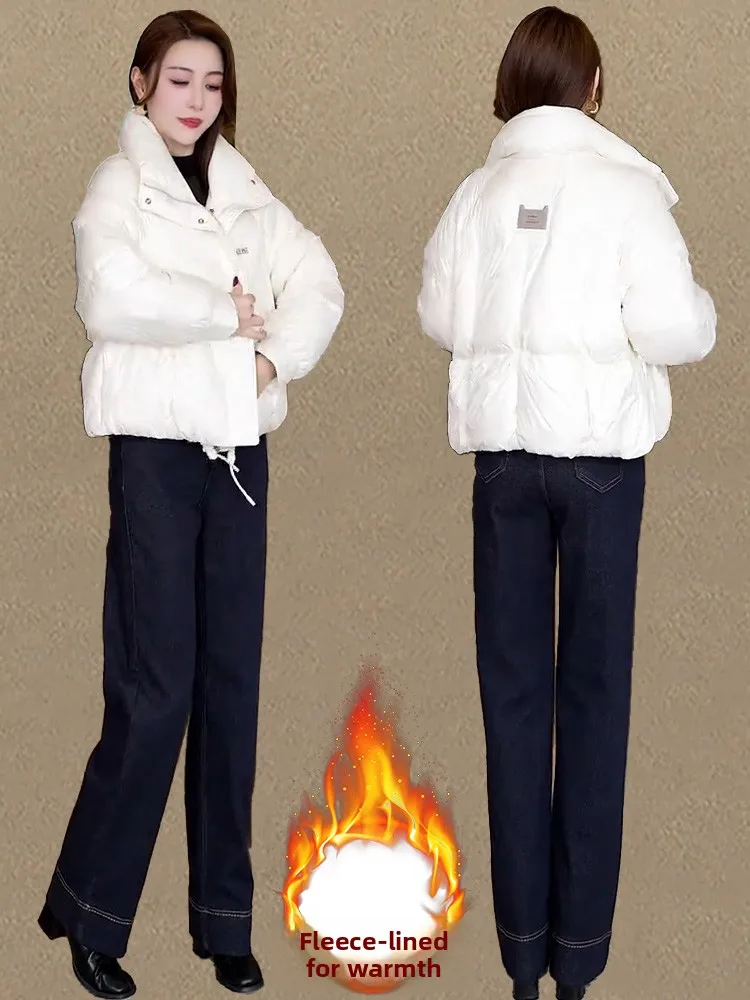 

Women's Thiened ort Cotton down Jaet Bread Sle Coat Korean Loose Fit Button Decoration Zipper Closure Winter Outerwear