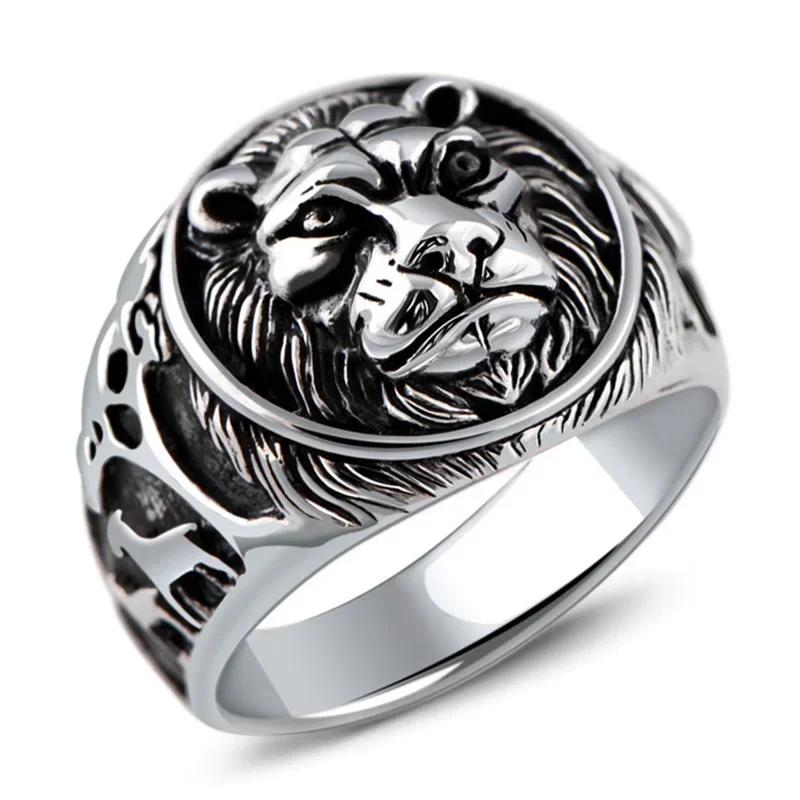 Solid 925 Sterling Silver Mens Lion Ring Vintage Steampunk Retro Biker Rings For Men Trees Deers Engraved Male Jewelry