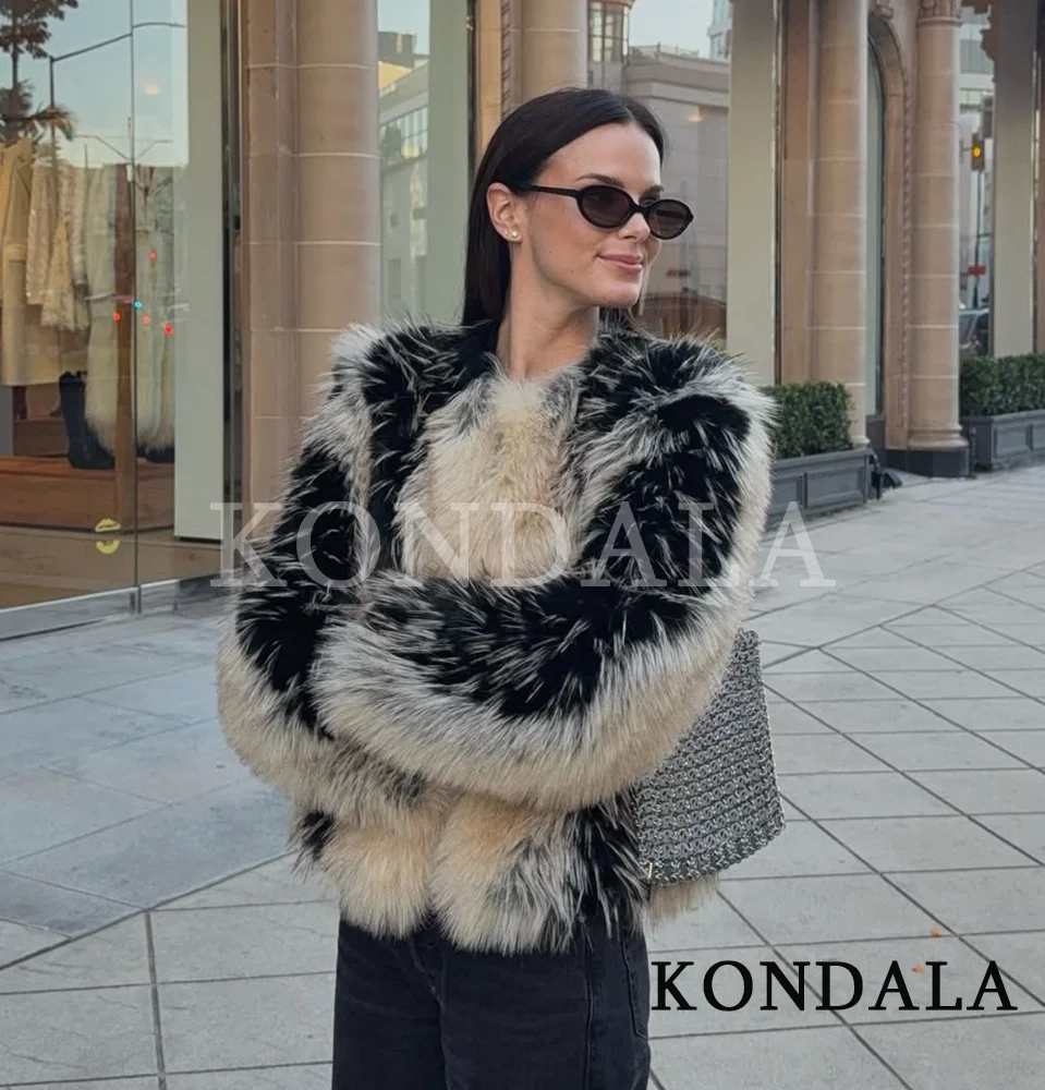 KONDALA معطف فرو نسائي عالي الشارع سترة عصرية متباينة برقبة دائرية سترة من الفرو الصناعي معطف موضة خريف وشتاء 2025 معطف نسائي ريترو #1