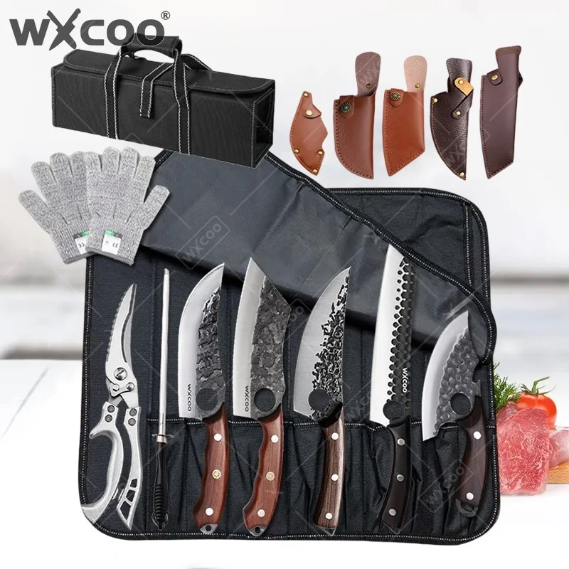 WXCOO Stainless Steel Kitchen Knife with Hand Forged Meat Cleaver and Bone Scissor Set Butcher Knife Chicken Roll Up Knife Bag
