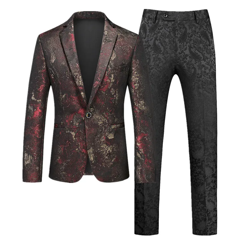 

Fashion Brand Men's Jacquard Suit 2 Piece Black / Red / Blue Men's Business Social Wedding Party Slim Fit Blazer Jacket and Pant