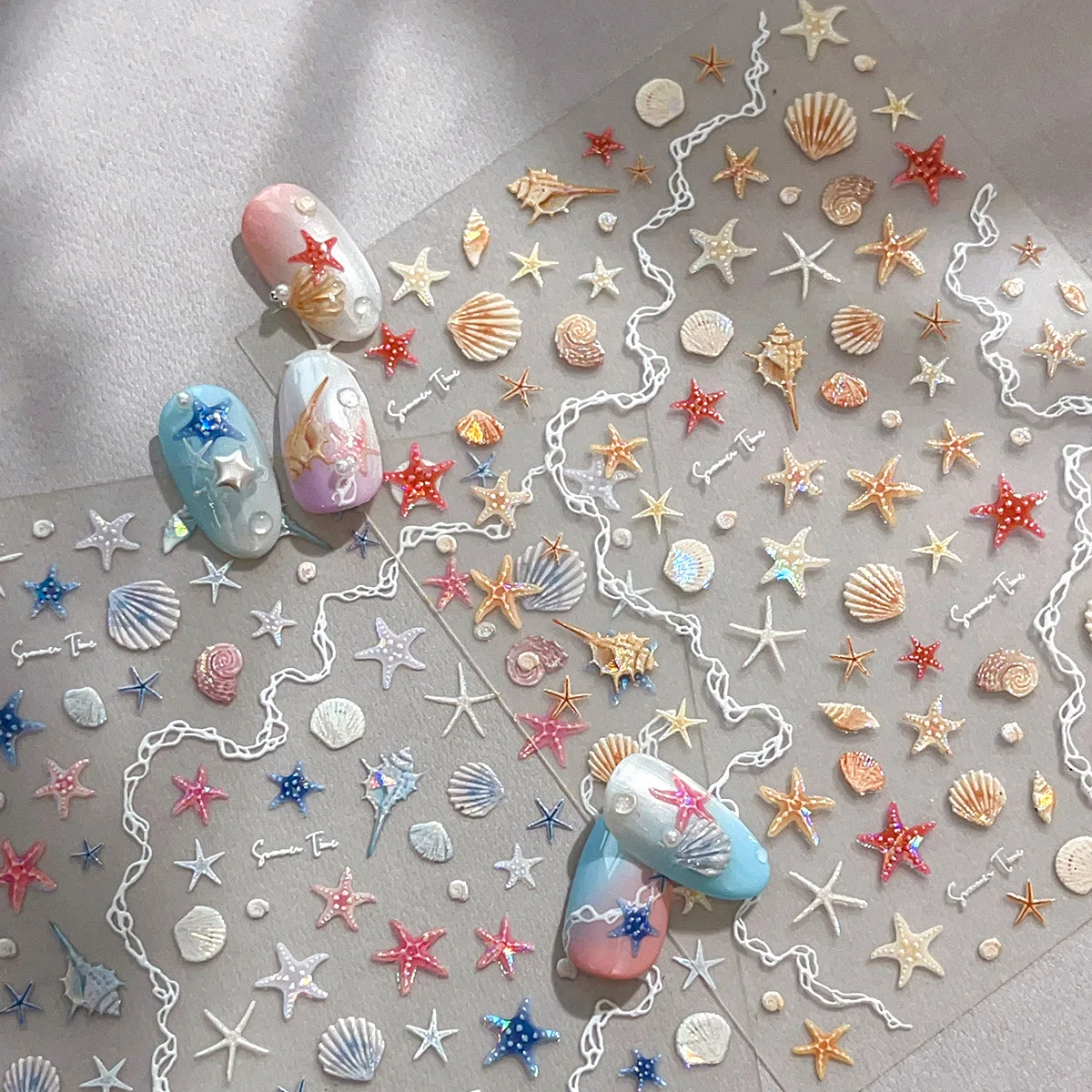 

1sheet Pearlescent Starfish & Seashell Nail Stickers Glittery Cute Starfish Nail Decals