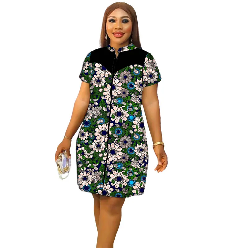 African Clothes Stand Collar Dress Zipper Original Design Patchwork Tailor Made Women\'s Dresses Colorful Print Party Wear