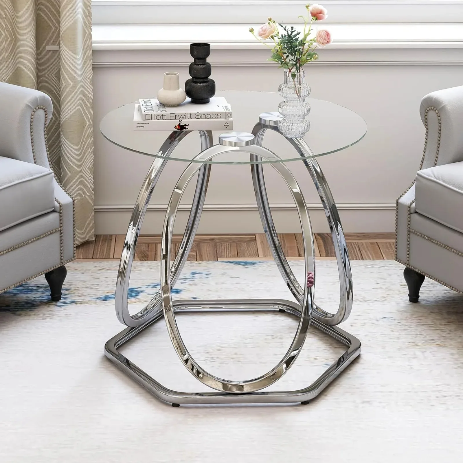 US Glass End Table, Modern Silver End Table Living Room Table with Hexagonal Base, Round End Table for Home&Office, Chrome Finis