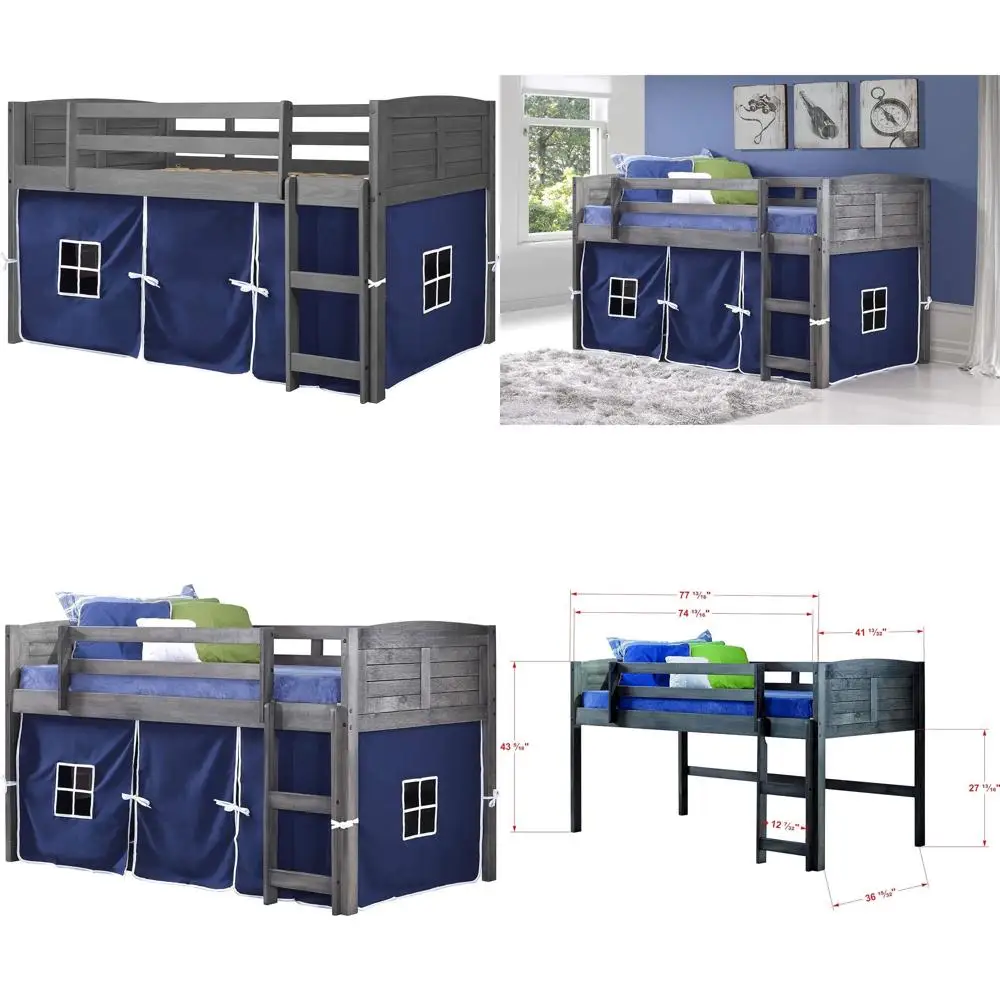 

Детская кровать-чердак Donco с синим тентом, двуспальная, с низкой крышей и жалюзи