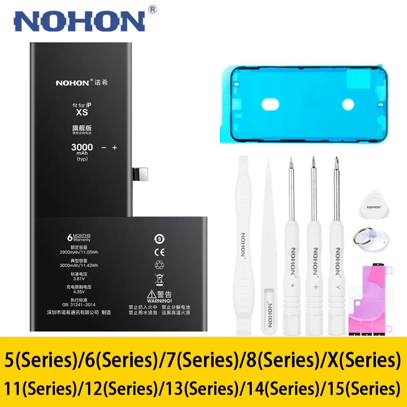 Batería NOHON 2025 para iPhone 5 6 7 8 X 11 12 13 14 15 series con herramientas, batería original de repuesto con herramientas