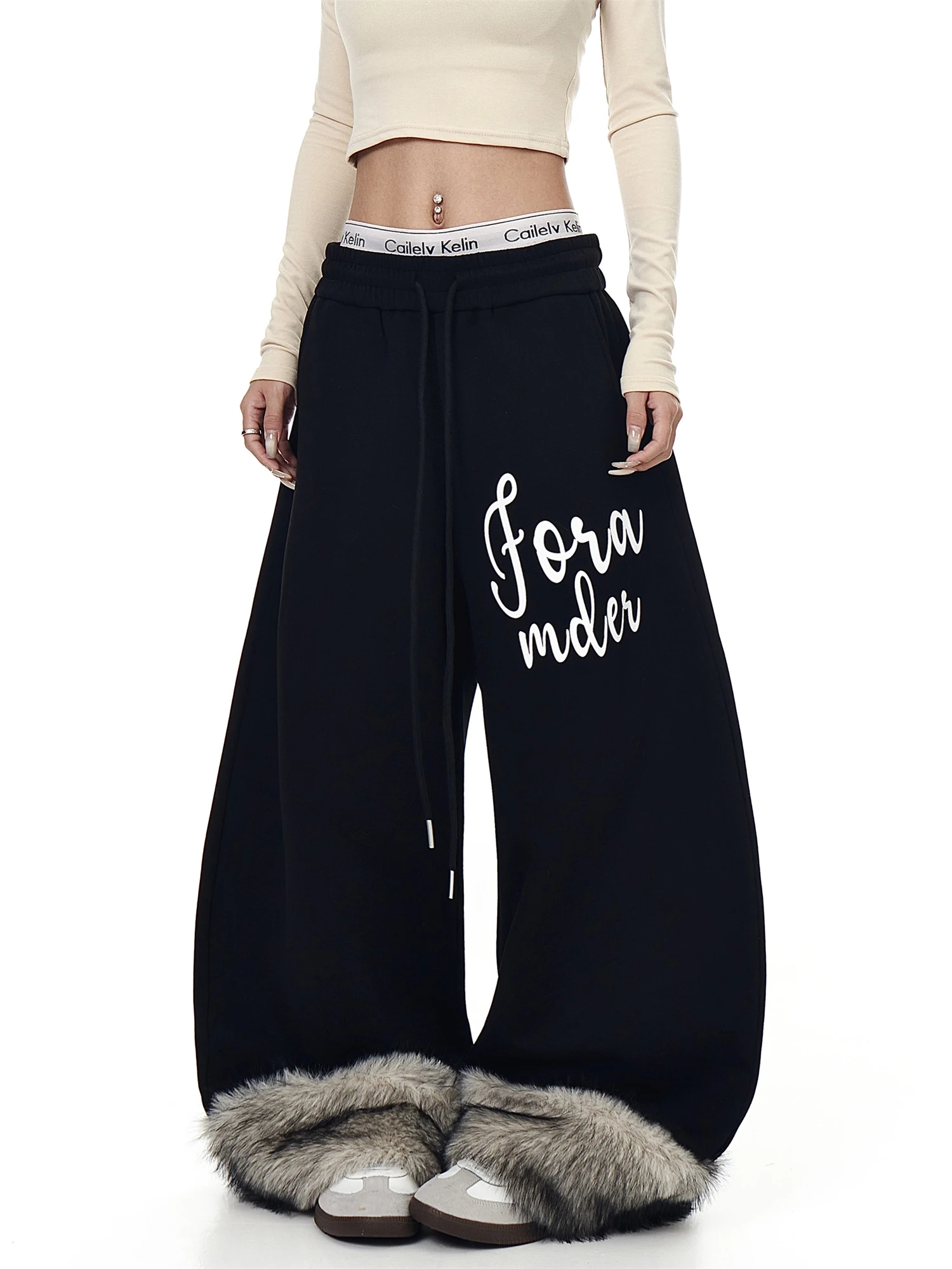 

Women's Wide Leg Pants Drawstring Waist Embroidered Script Letter Faux Fur Trim Casual Loose Streetwear Ladies Trousers